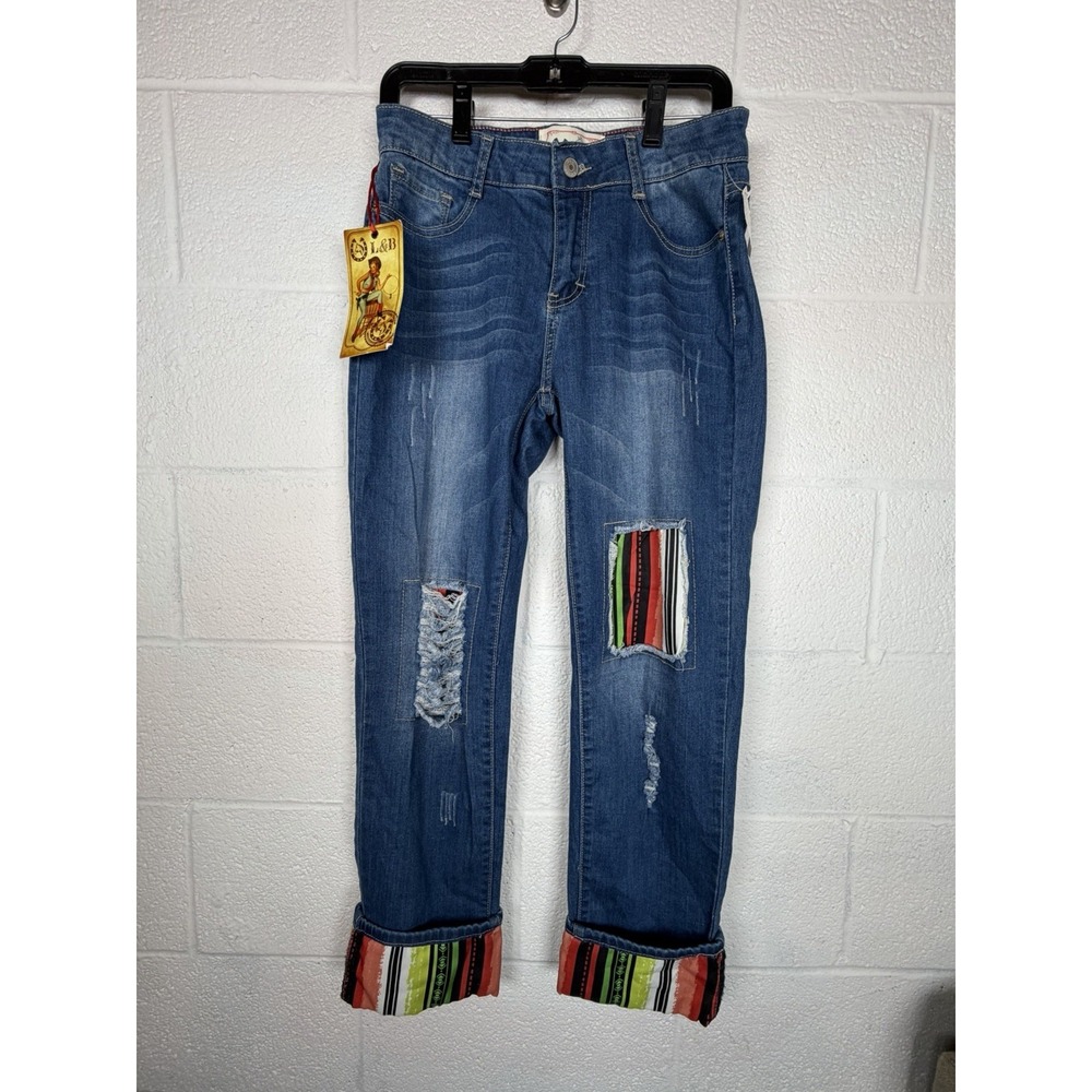 L&B Women's 8 Distressed Jeans NWT Aztec Serape Patch Cuffed Western Boho